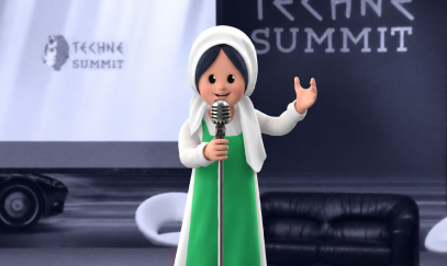A 3D character in a white headscarf and green dress speaking into a microphone on stage